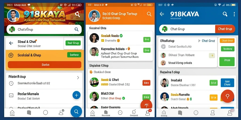 Antarmuka aplikasi 918KAYA menampilkan fitur Chat Grup yang interaktif.