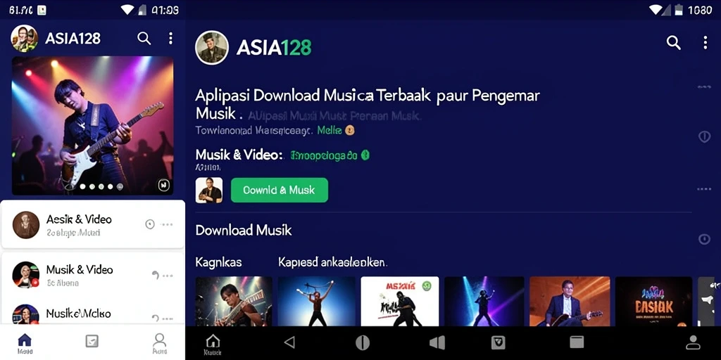 Antarmuka aplikasi ASIA128 dengan fitur Download Musik yang menarik.